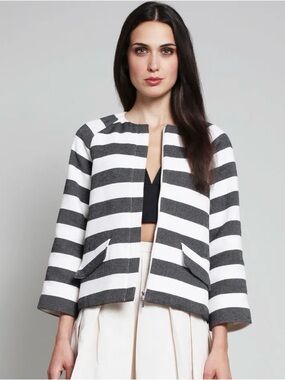 Lord & Taylor Gray and White Striped Collarless Jacket Size 12